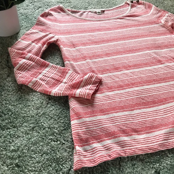 BANANA REPUBLIC Cream and Pinkish-Coral Striped Tee, Long Sleeve - Picture 3 of 10